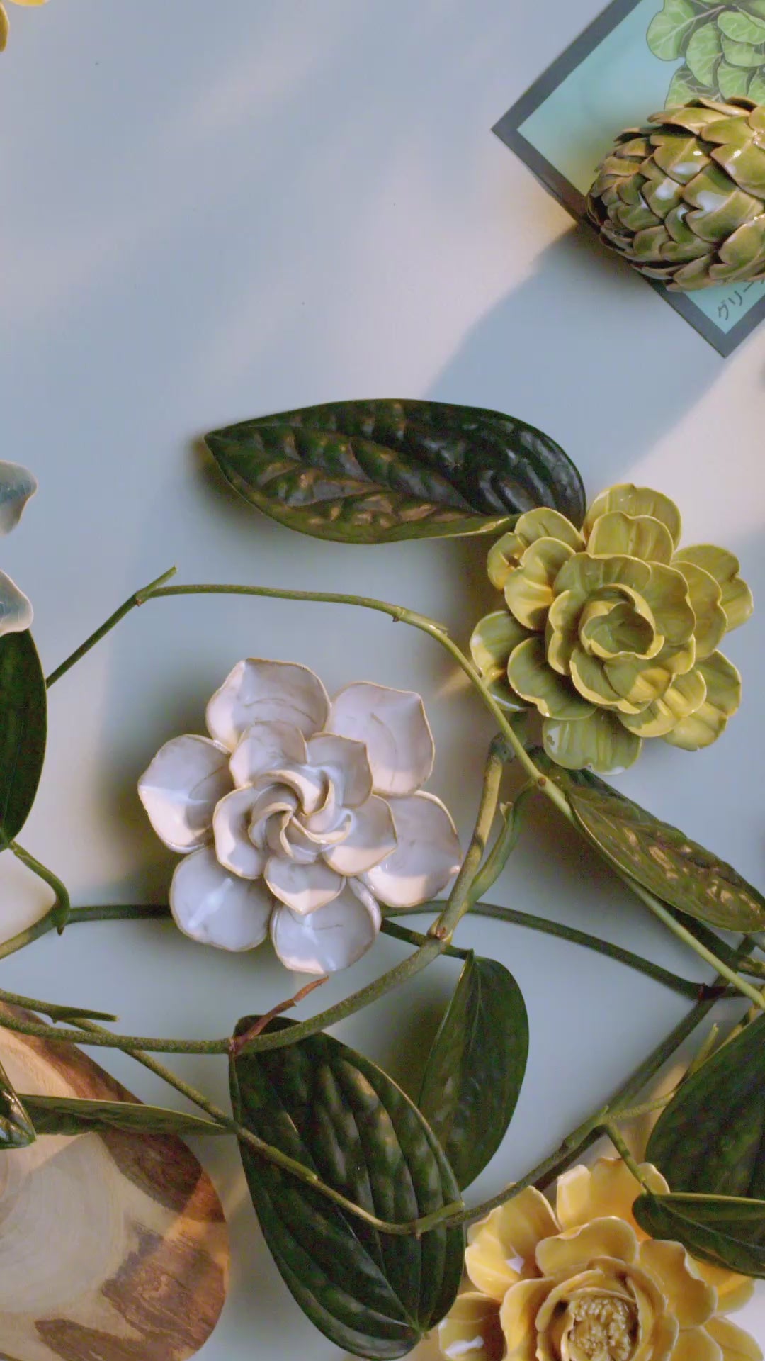 Faux Flowers Wall Art Teal Lotus: Handcrafted Ceramic Flower